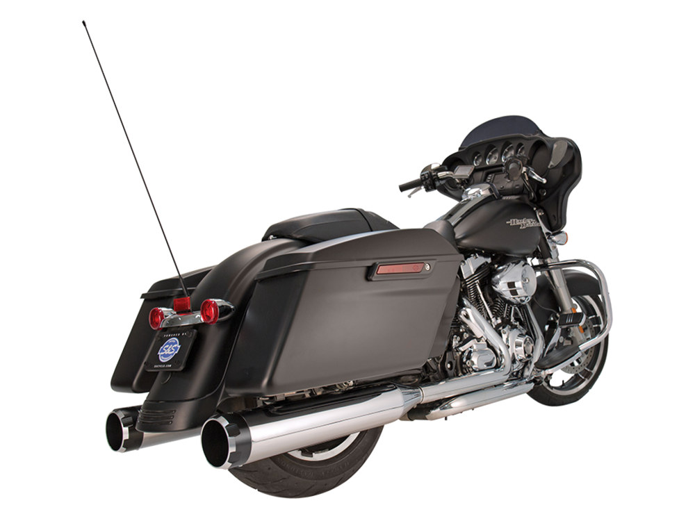 S&S 4-1/2in. Mk45 Slip-On Mufflers – Chrome with Black Thruster End Caps. Fits Touring 1995-2016.