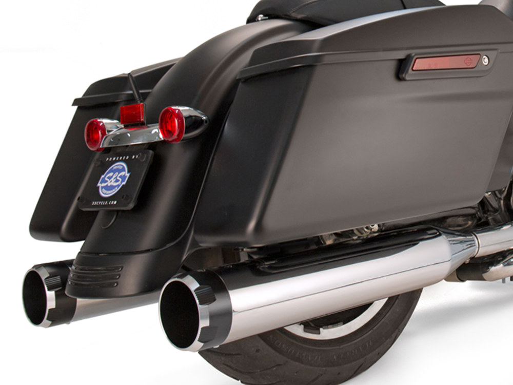 S&S 4-1/2in. Mk45 Slip-On Mufflers – Chrome with Black Thruster End Caps. Fits Touring 1995-2016.