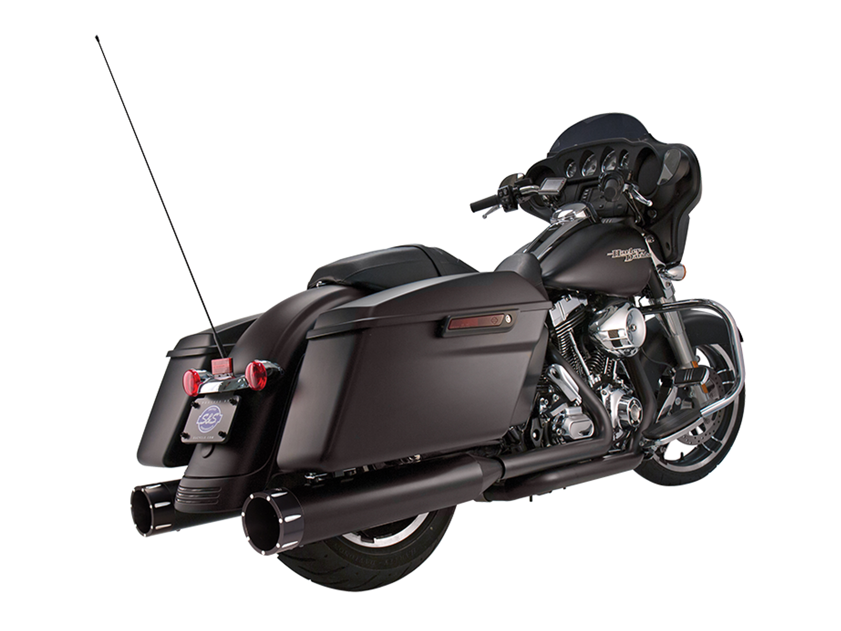 S&S 4-1/2in. Mk45 Slip-On Mufflers – Black with Black Tracer End Caps. Fits Touring 1995-2016.