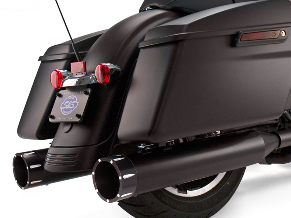 S&S 4-1/2in. Mk45 Slip-On Mufflers – Black with Black Tracer End Caps. Fits Touring 1995-2016.