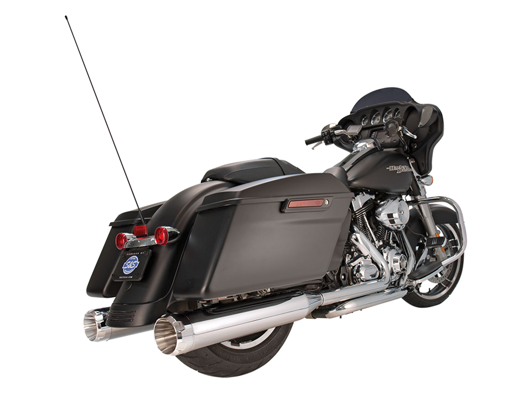 S&S 4-1/2in. Mk45 Slip-On Mufflers – Chrome with Chrome Thruster End Caps. Fits Touring 1995-2016.