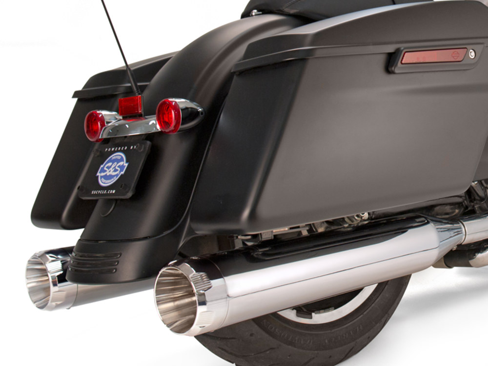 S&S 4-1/2in. Mk45 Slip-On Mufflers – Chrome with Chrome Thruster End Caps. Fits Touring 1995-2016.