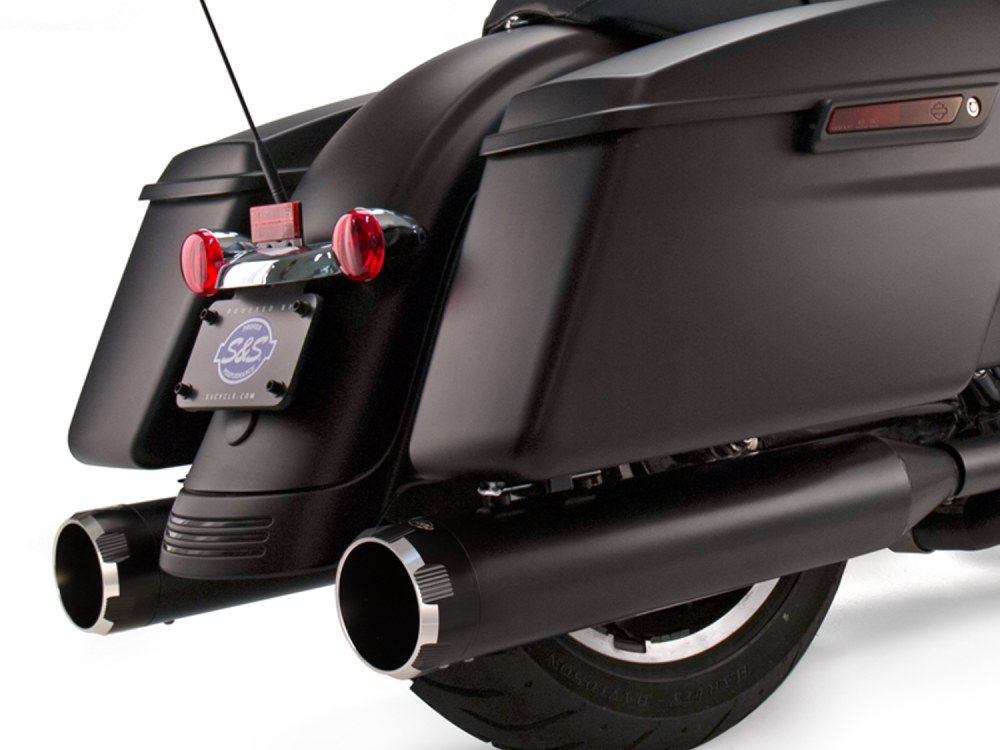 S&S 4-1/2in. Mk45 Slip-On Mufflers – Black with Black Thruster End Caps. Fits Touring 1995-2016.