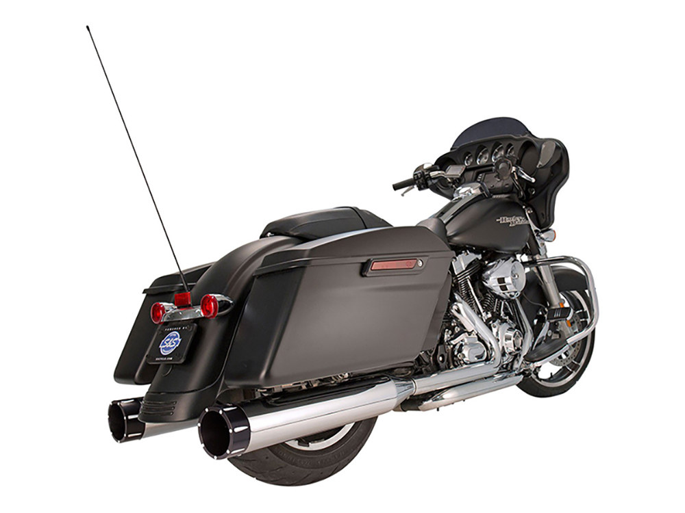 S&S 4-1/2in. Mk45 Slip-On Mufflers – Chrome with Black Tracer End Caps. Fits Touring 1995-2016.