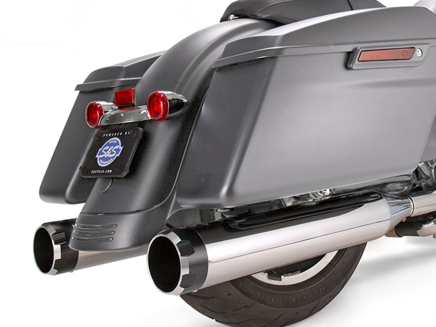 S&S 4-1/2in. Mk45 Slip-On Mufflers – Chrome with Black Thruster End Caps. Fits Touring 2017up.