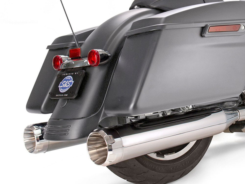 S&S 4-1/2in. Mk45 Slip-On Mufflers – Chrome with Chrome Thruster End Caps. Fits Touring 2017up.
