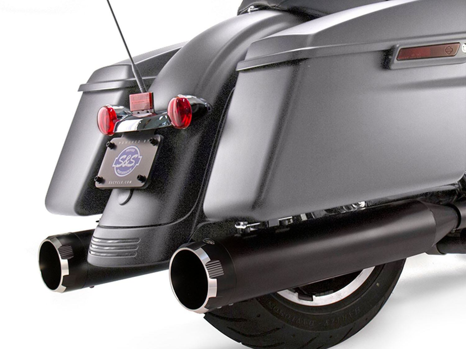 S&S 4-1/2in. Mk45 Slip-On Mufflers – Black with Black Thruster End Caps. Fits Touring 2017up.