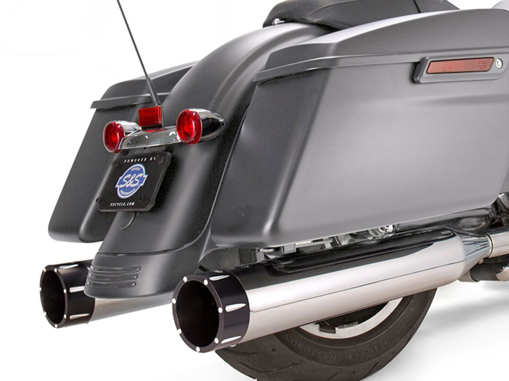 S&S 4-1/2in. Mk45 Slip-On Mufflers – Chrome with Black Tracer End Caps. Fits Touring 2017up.