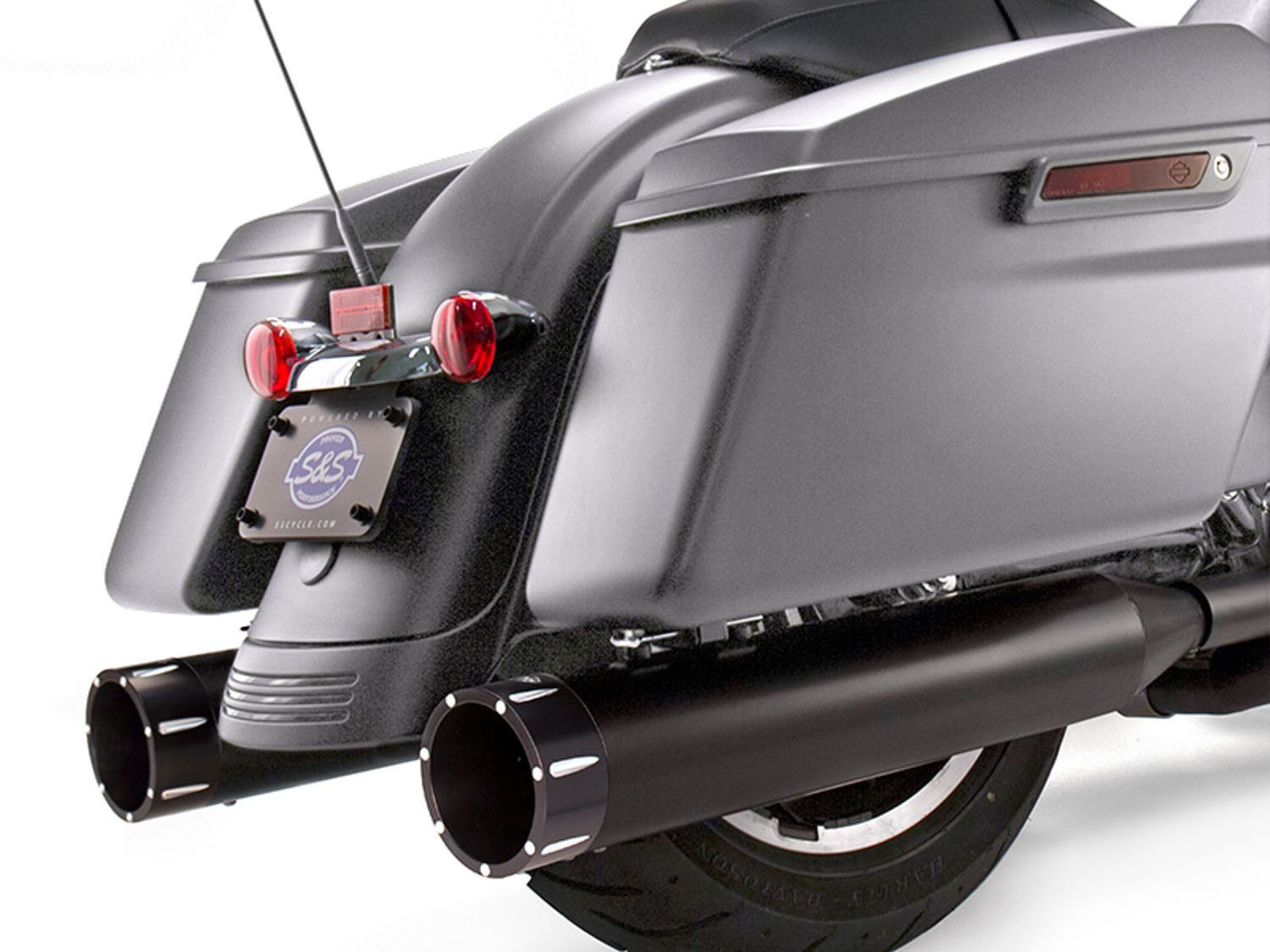 S&S 4-1/2in. Mk45 Slip-On Mufflers – Black with Black Tracer End Caps. Fits Touring 2017up.