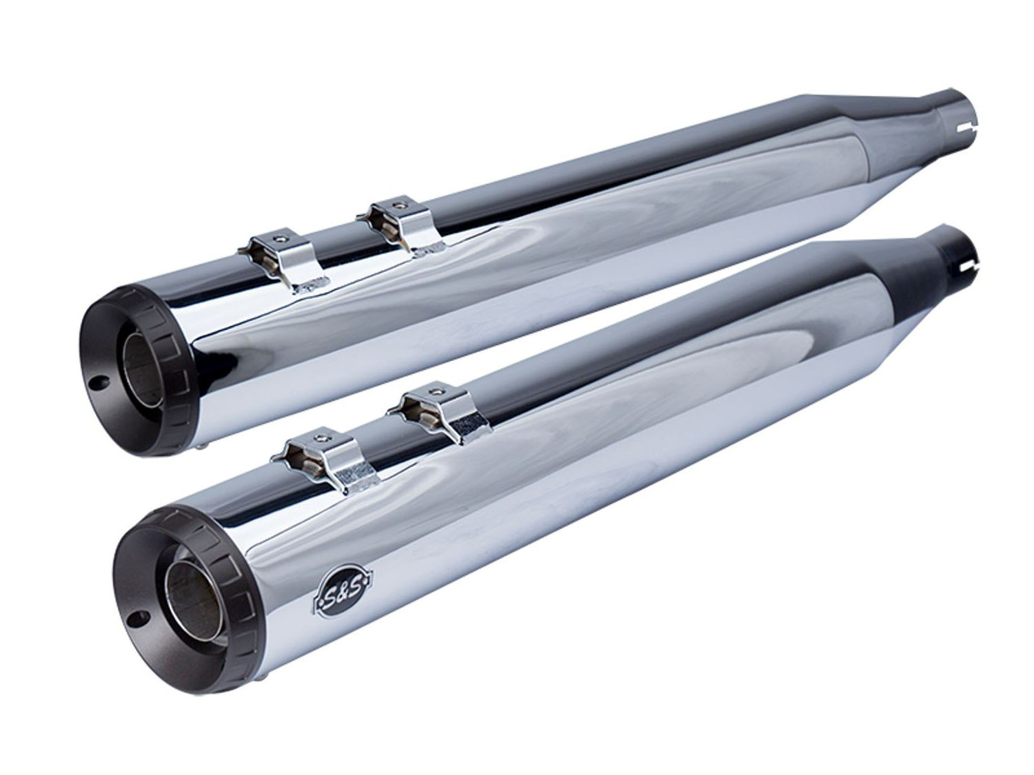 S&S 4in. Grand National Slip-On Mufflers – Chrome with Black End Caps. Fits Touring 1995-2016 & Trike 2017-2020.