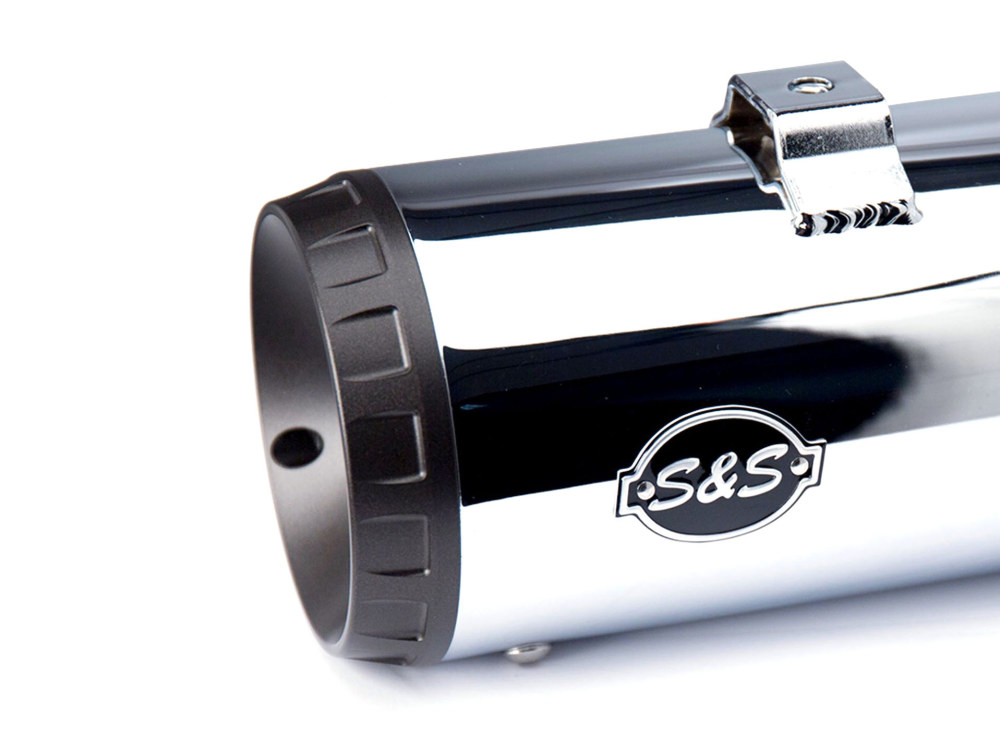 S&S 4in. Grand National Slip-On Mufflers – Chrome with Black End Caps. Fits Touring 1995-2016 & Trike 2017-2020.