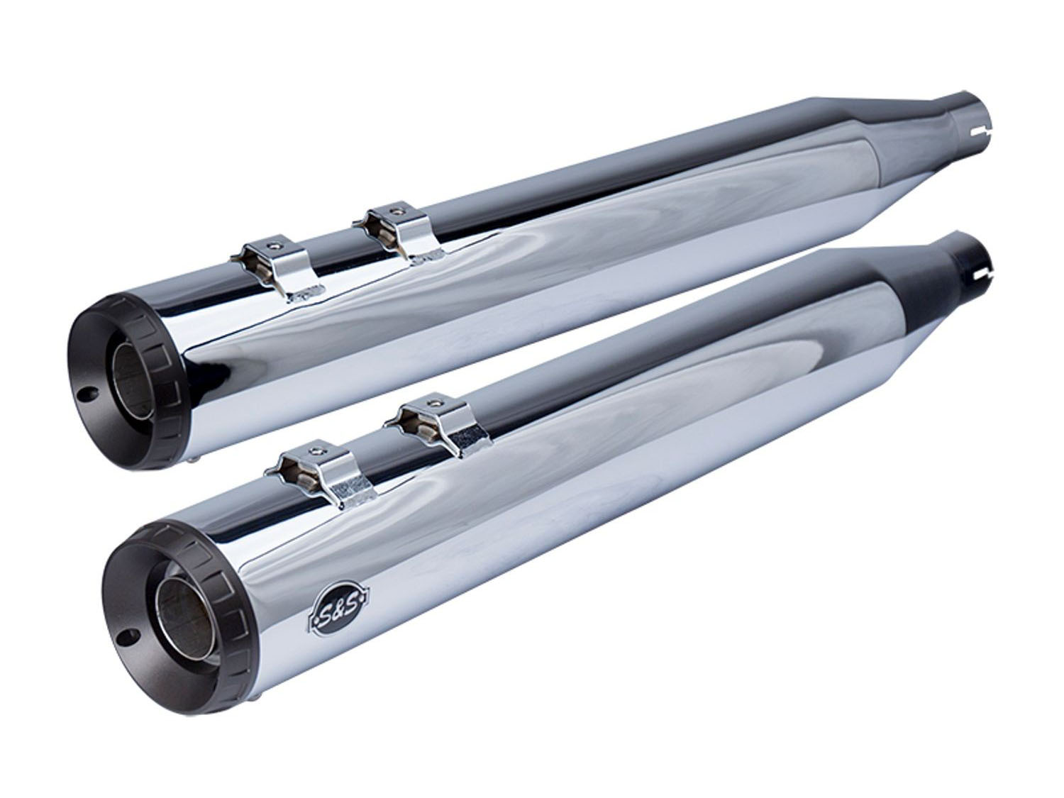 S&S 4in. Grand National Slip-On Mufflers – Chrome with Black End Caps. Fits Touring 2017up.