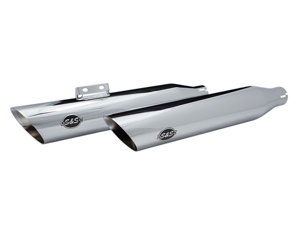 S&S 3-1/2in. Slash Cut Slip-On Mufflers – Chrome. Fits Softail Slim, Street Bob, Standard & Low Rider Models 2018-2024 & Breakout & Fat Boy 2018up