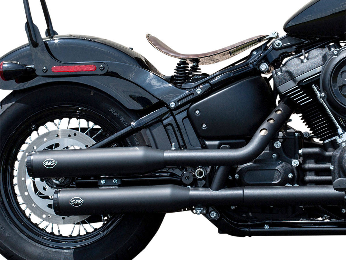 S&S 3-1/2in. Grand National Slip-On Mufflers – Black with Black End Caps. Fits Softail Slim, Street Bob, Standard & Low Rider Models 2018-2024 & Breakout & Fat Boy 2018up