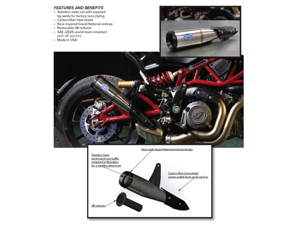 S&S Grand National Slip-On Muffler – Stainless Steel. Fits Indian FTR1200 2019-2024