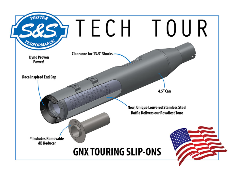 S&S 4.5in. GNX Slip-On Mufflers – Chrome with Black End Caps. Fits Touring 2017up.