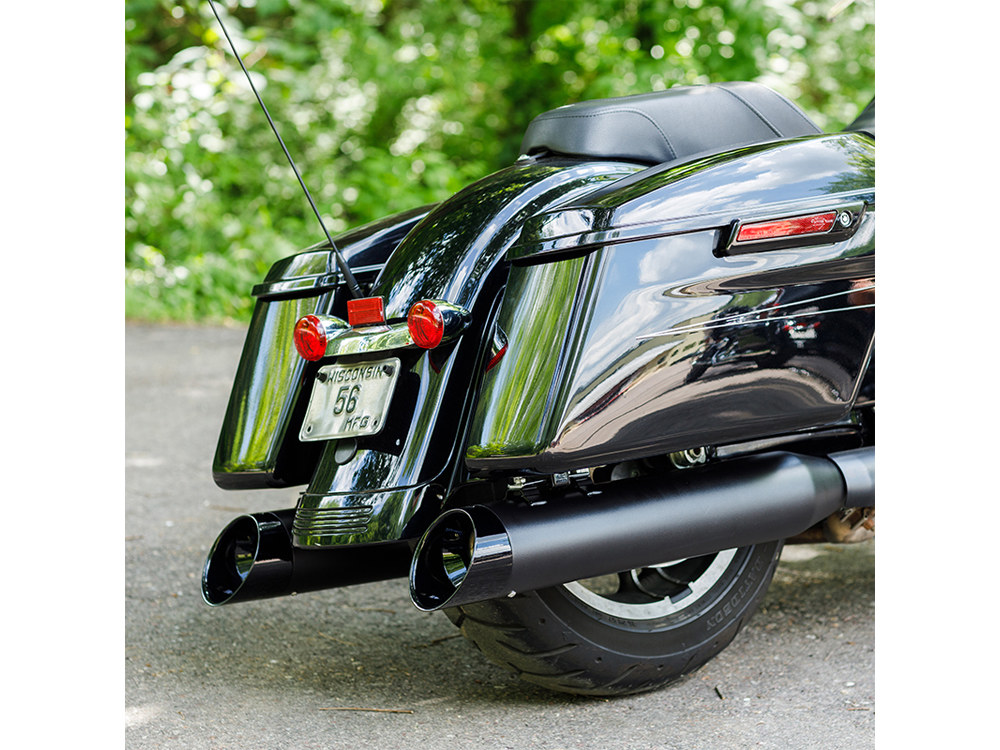 S&S 4-1/2in. Mk45 Slash Cut Slip-On Mufflers – Black with Black Cutlass End Caps. Fits Touring 2017up.