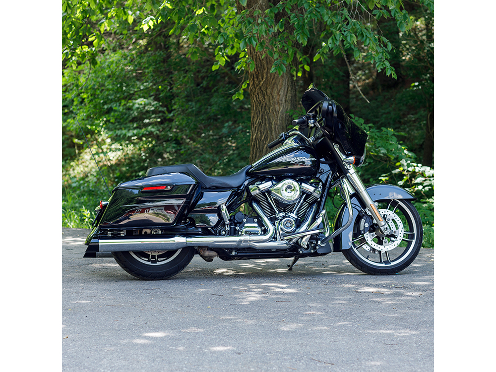 S&S 4-1/2in. Mk45 Slash Cut Slip-On Mufflers – Chrome with Black Cutlass End Caps. Fits Touring 2017up.