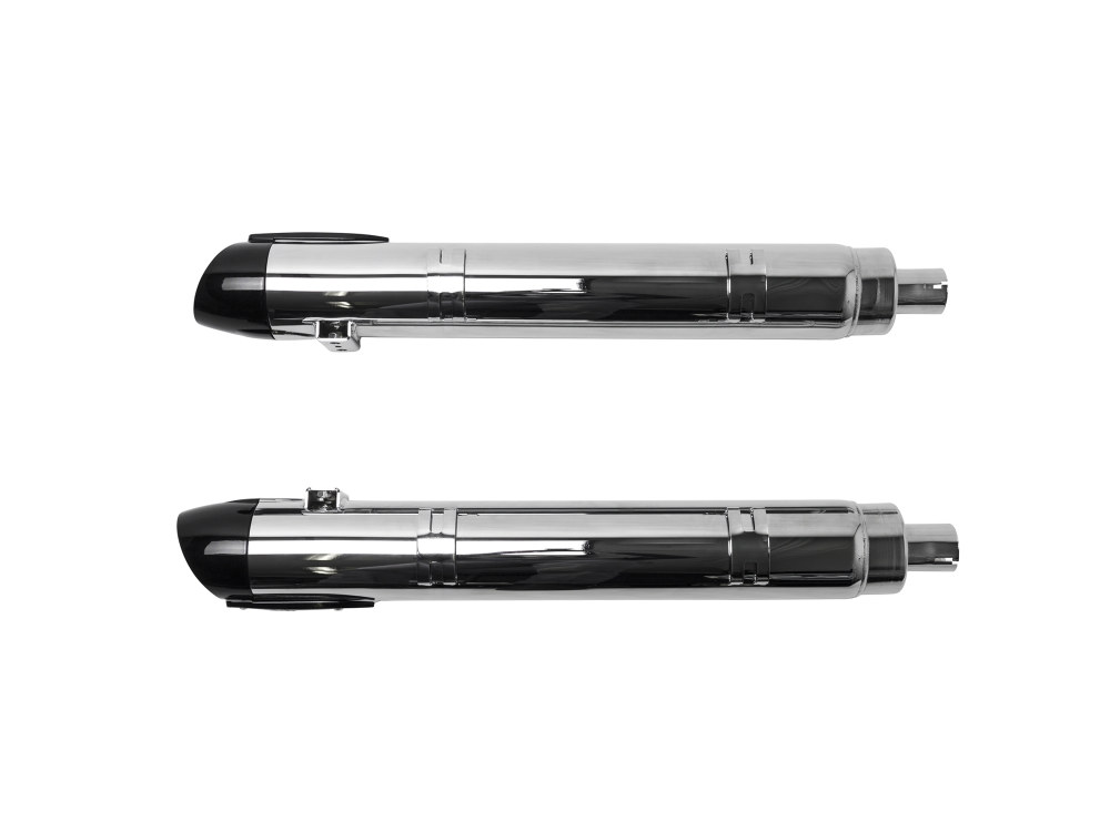 S&S Broadhead 4in. Slip-On Mufflers – Chrome with Black End Caps. Fits Indian Big Twin 2014up with Hard Saddle Bags.