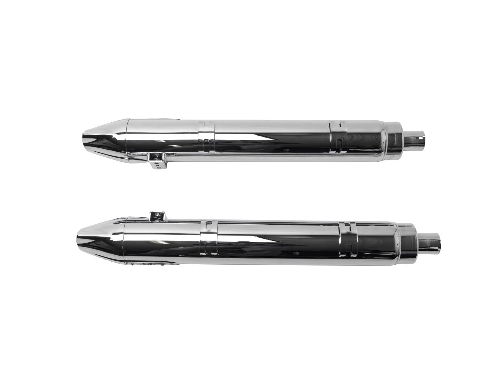 S&S Fishtail 4in. Slip-On Mufflers – Chrome with Chrome End Caps. Fits Indian Big Twin 2014up with Hard Saddle Bags.