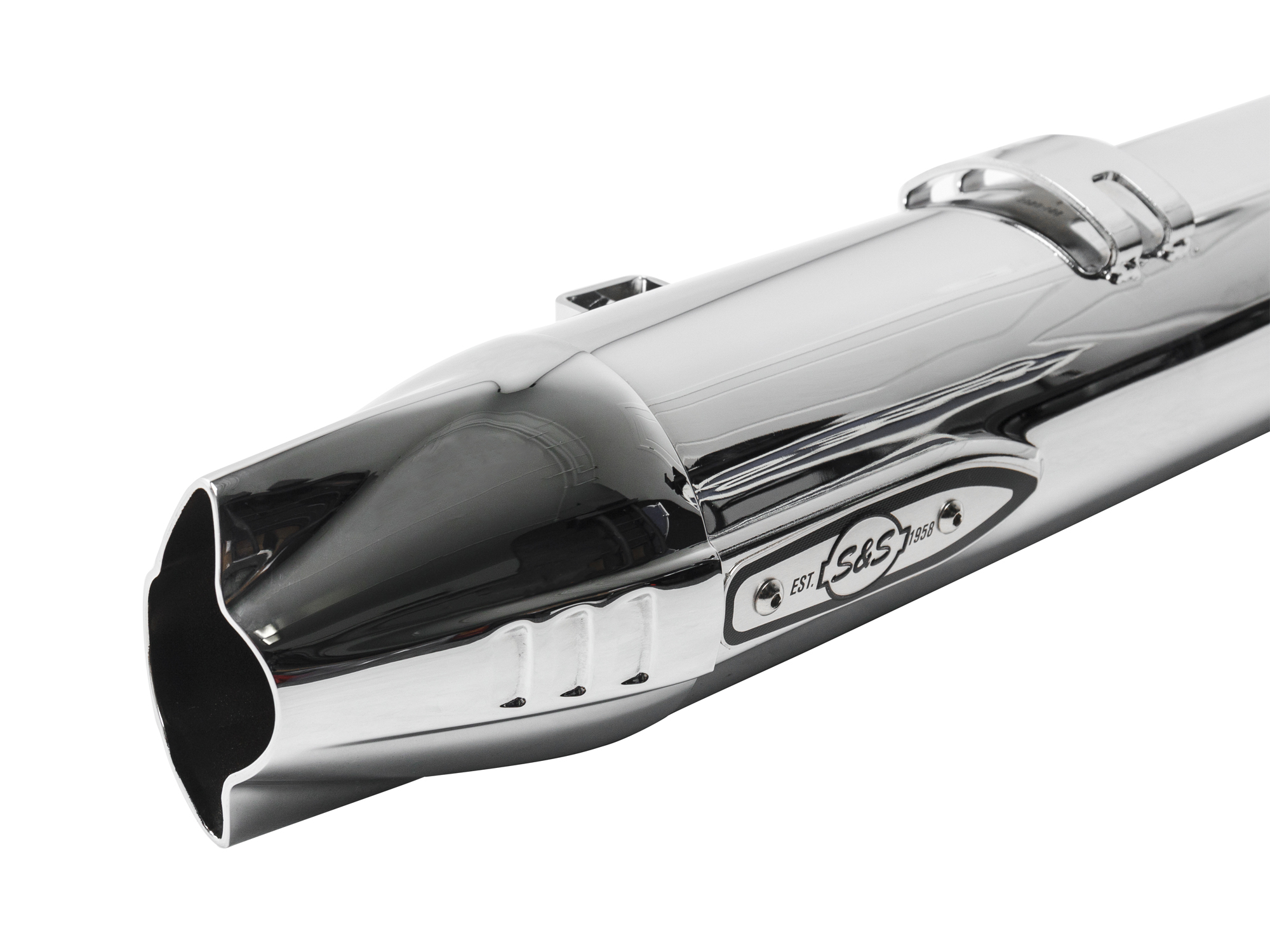 S&S Fishtail 4in. Slip-On Mufflers – Chrome with Chrome End Caps. Fits Indian Big Twin 2014up with Hard Saddle Bags.