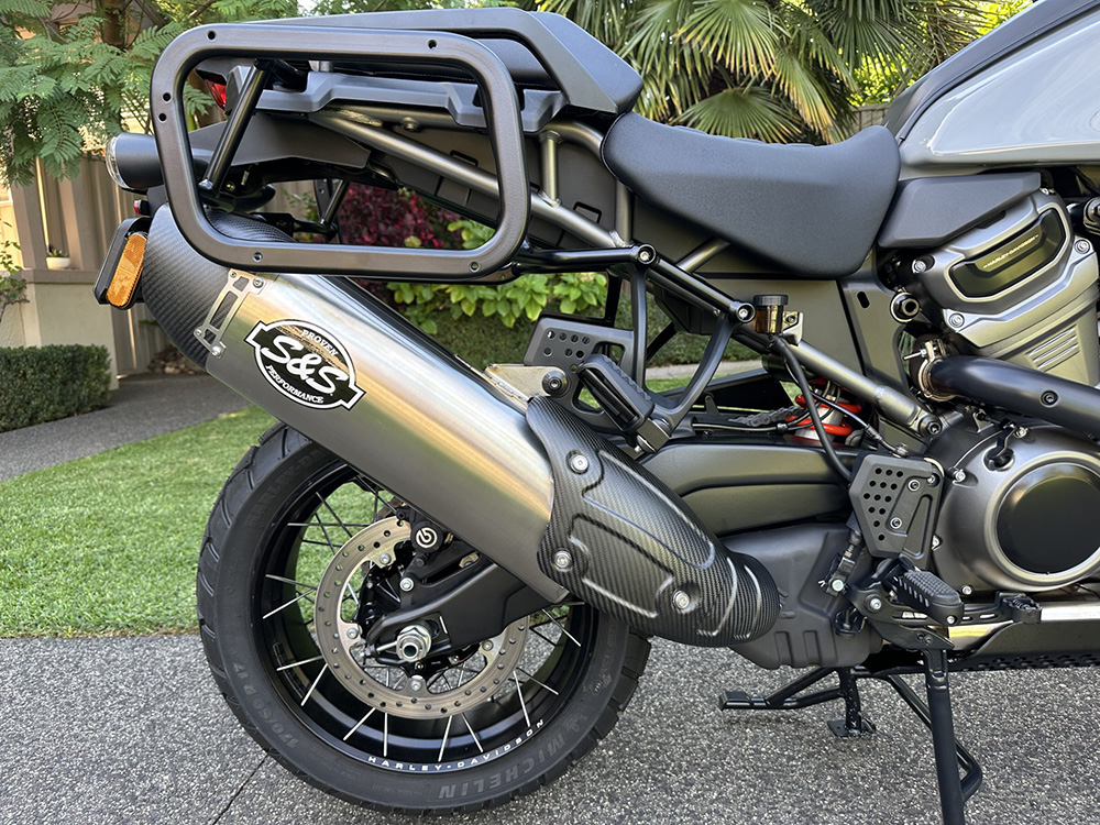 S&S Slip On Muffler with Carbon Fibre End Cap – Stainless. Fits Pan America 2021up.