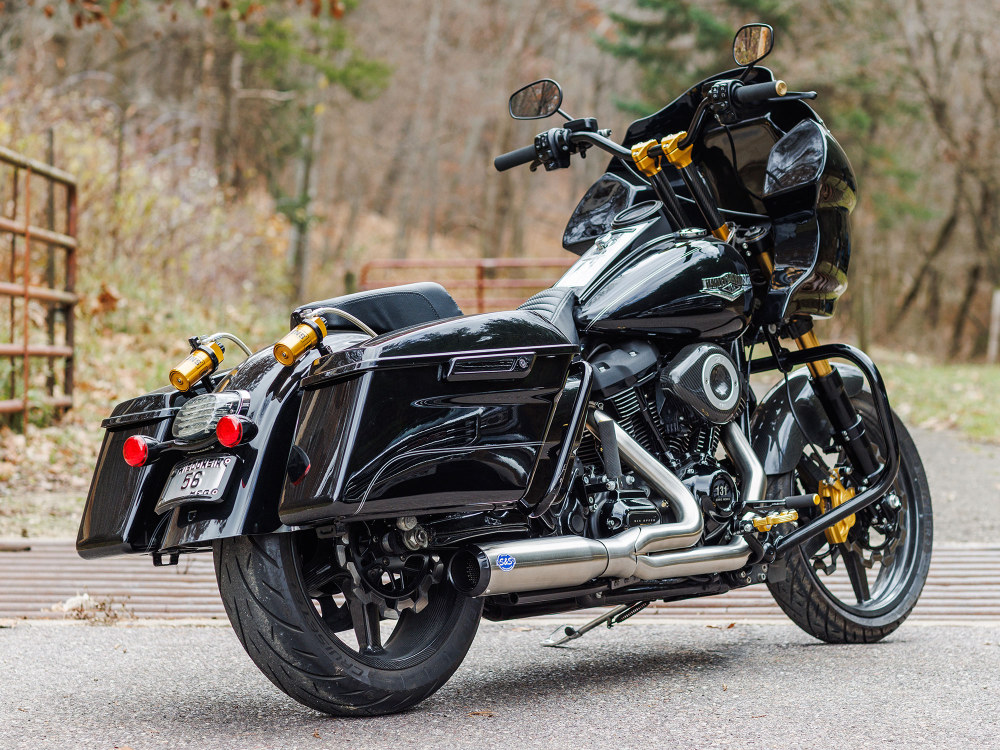 S&S 2-into-1 Qualifier Exhaust – Stainless Steel with Black End Cap. Fits Touring 2017up