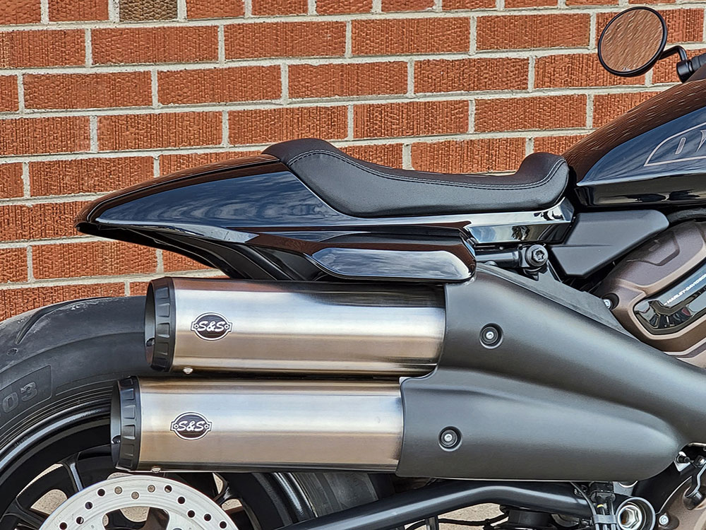 S&S 4in. Grand National Slip-On Mufflers – Stainless Steel with Black End Cap. Fits Sportster S 2021up