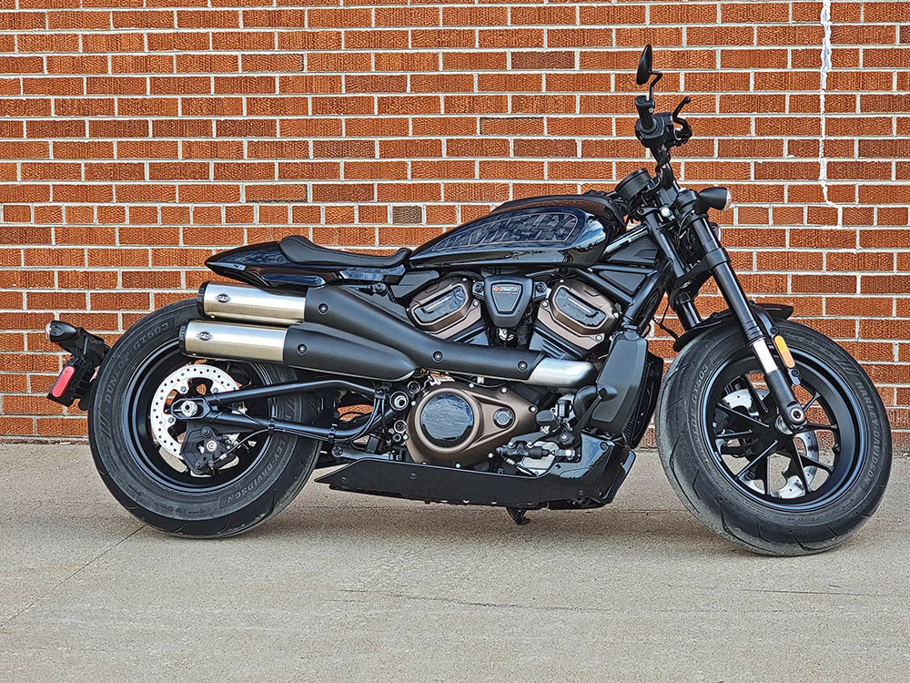 S&S 4in. Grand National Slip-On Mufflers – Stainless Steel with Black End Cap. Fits Sportster S 2021up