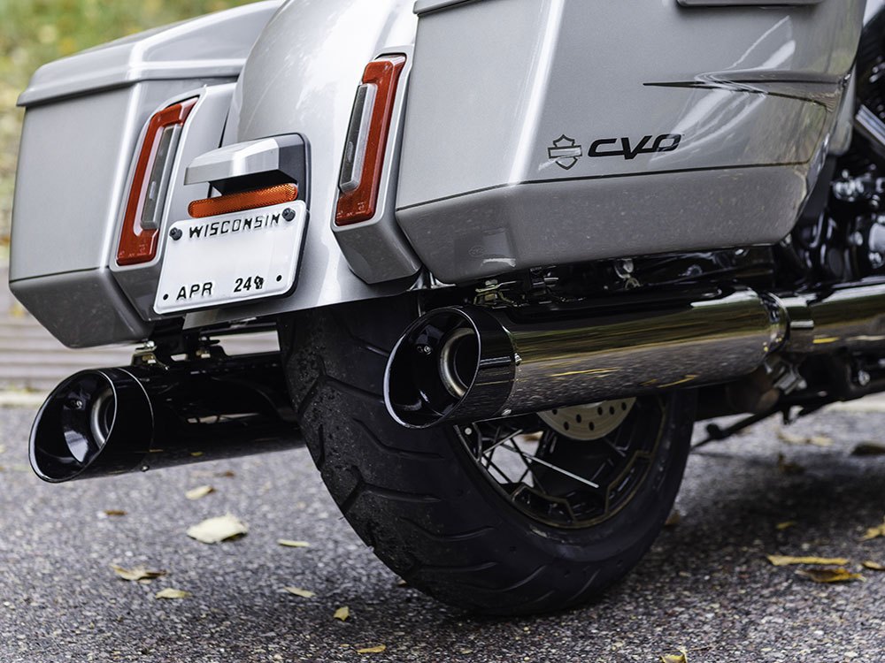 S&S 4-1/2in. Mk45 Slip-On Mufflers – Lava Chrome with Black Cutlass End Caps. Fits Touring 2017up.