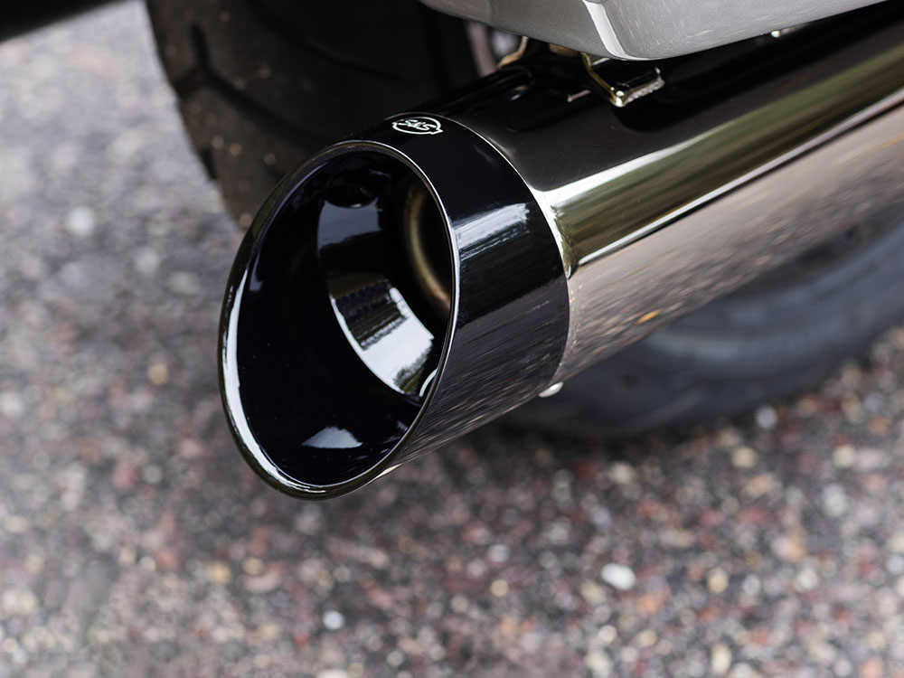 S&S 4-1/2in. Mk45 Slip-On Mufflers – Lava Chrome with Black Cutlass End Caps. Fits Touring 2017up.