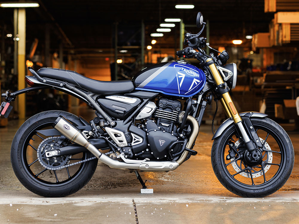 S&S 4in. Grand National Slip-On Muffler – Stainless Steel with Black End Cap. Fits Triumph Speed 400 & Scrambler 400X 2024up