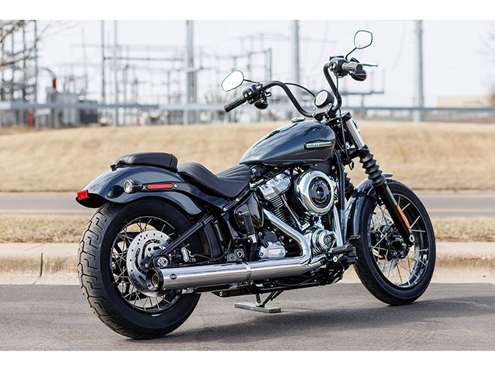 S&S 4in. Grand National Slip-On Muffler – Chrome with Black End Cap. Fits Softail Street Bob, Low Rider S, Low Rider ST & Heritage 2025up