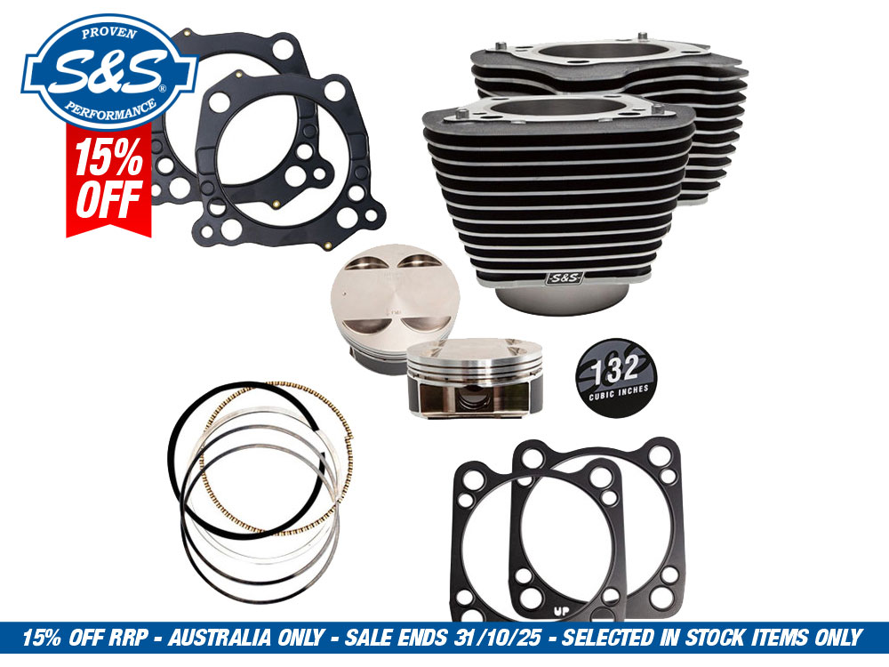 S&S 132ci Big Bore Kit with Highlighted Fins – Black Granite. Fits CVO Milwaukee-Eight 2017up with 117ci Engine.
