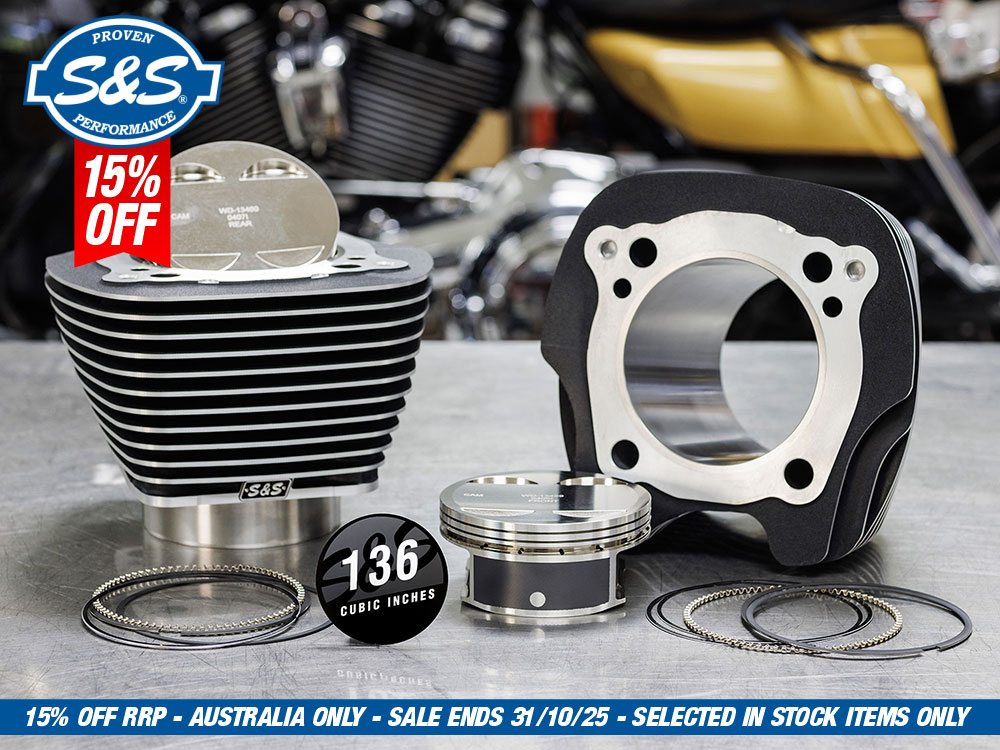 S&S 136ci Stroker Big Bore Kit with Highlighted Fins – Black. Fits Milwaukee-Eight 2017up with S&S 4-5/8in. Stroker Flywheel.