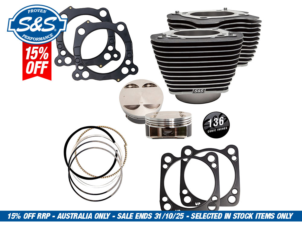 S&S 136ci Stroker Big Bore Kit with Highlighted Fins – Black. Fits Milwaukee-Eight 2017up with S&S 4-5/8in. Stroker Flywheel.
