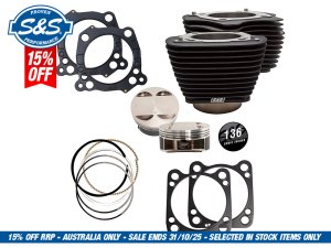 S&S 136ci Stroker Big Bore Kit with Non-Highlighted Fins – Black. Fits Milwaukee-Eight 2017up with S&S 4-5/8in. Stroker Flywheel. S&S 136ci Stroker Big Bore Kit with Non-Highlighted Fins – Black. Fits Milwaukee-Eight 2017up with S&S 4-5/8in. Stroker Flywheel.