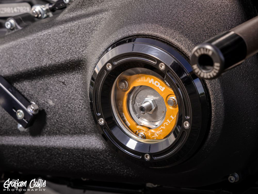 Trask Performance Assault Clear Derby Cover – Gloss Black. Fits Softail 2019up.