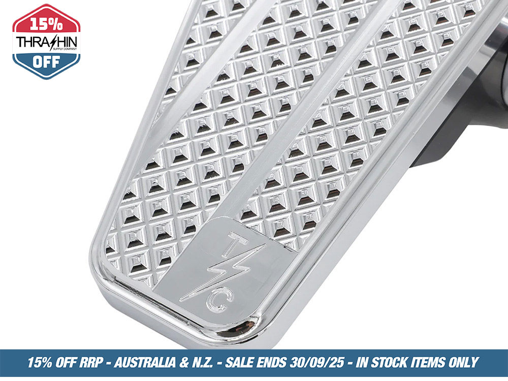 Thrashin Supply Mini Rider Floorboards – Chrome. Fits Softail 2018up Front Rider