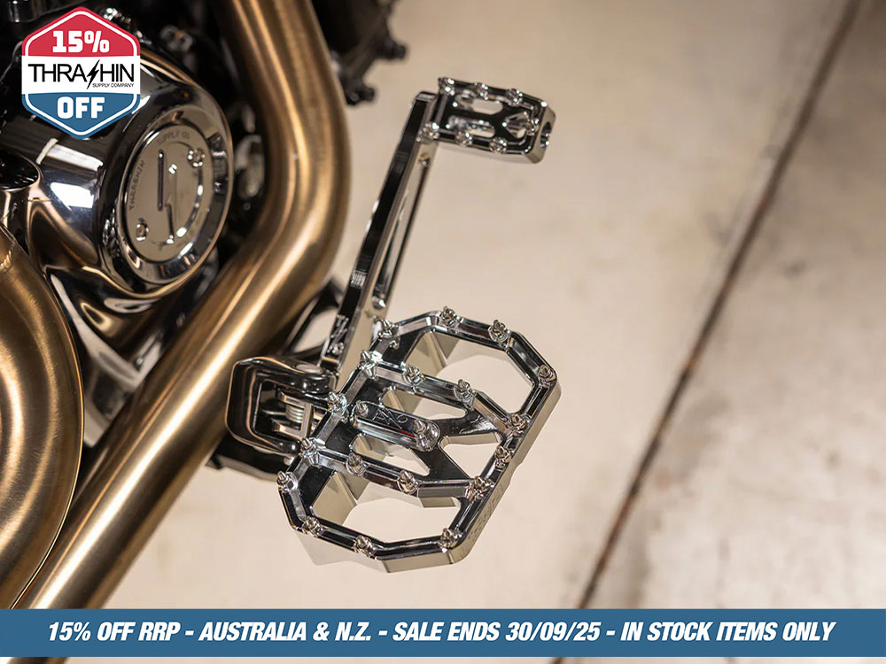 Thrashin Supply Aggressor Mini Floorboards – Chrome. Fits Softail 2018up Front Rider