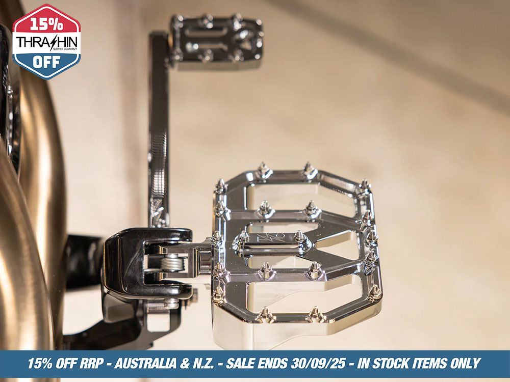 Thrashin Supply Aggressor Mini Floorboards – Chrome. Fits Softail 2018up Front Rider