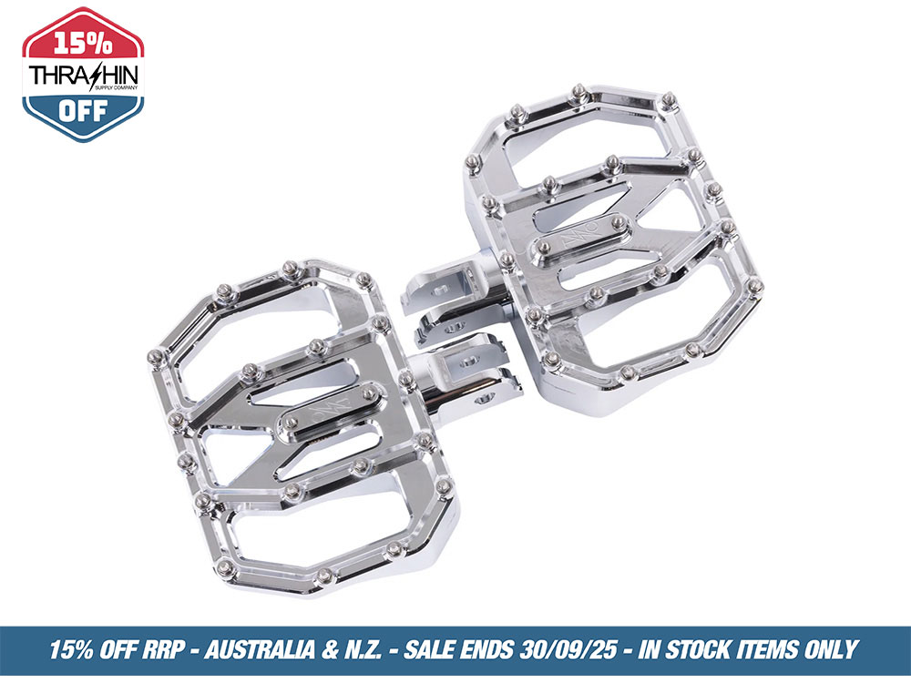 Thrashin Supply Aggressor Mini Floorboards – Chrome. Fits Softail 2018up Front Rider