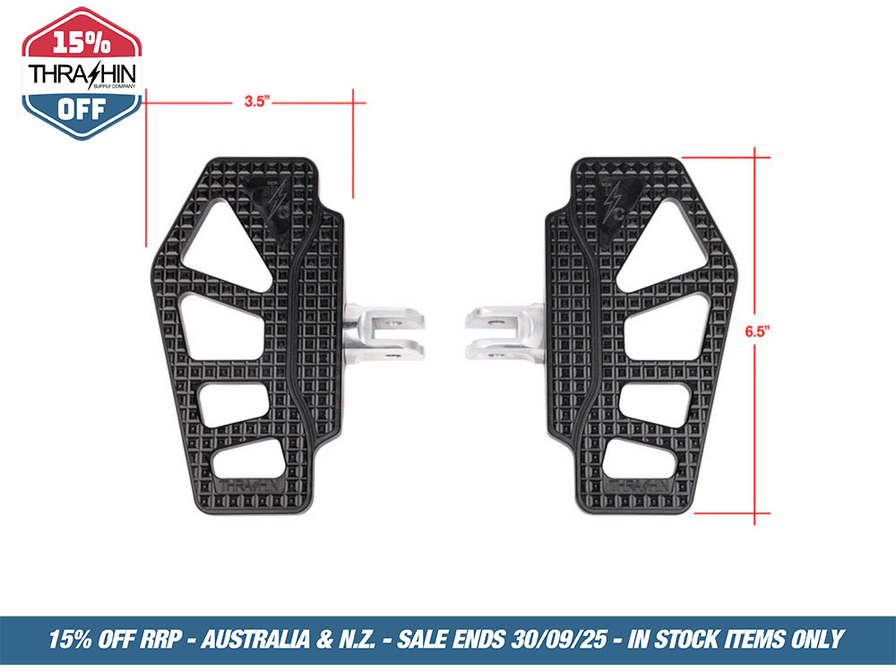 Thrashin Supply Apex Mini Rider Floorboards – Black. Fits Softail 2018up Front Rider