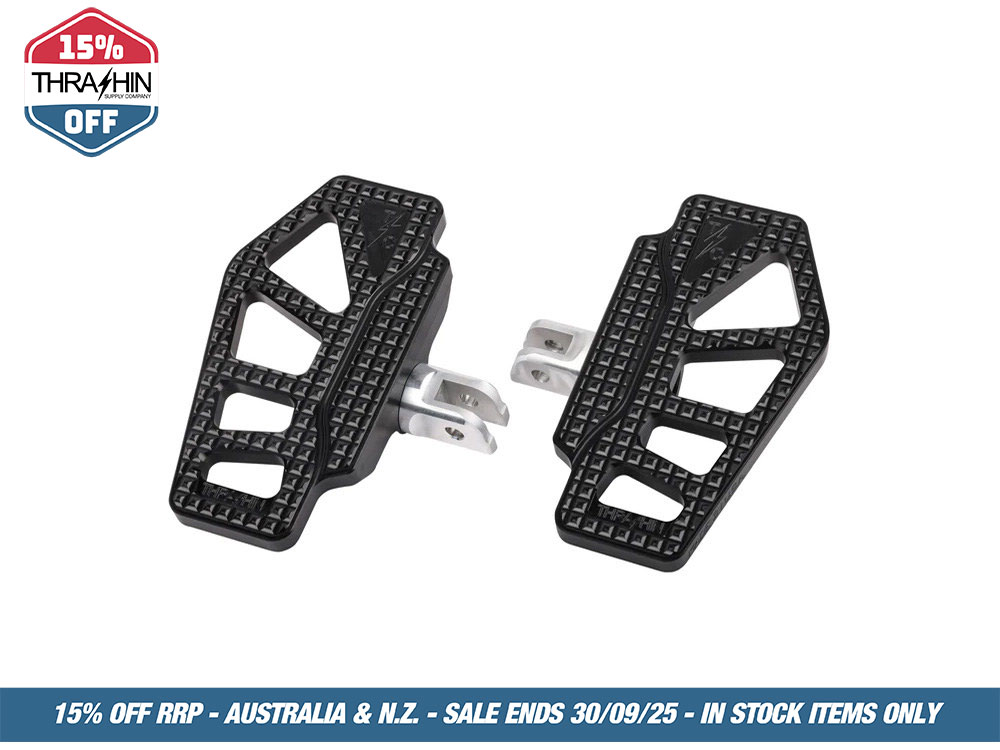 Thrashin Supply Apex Mini Rider Floorboards – Black. Fits Softail 2018up Front Rider