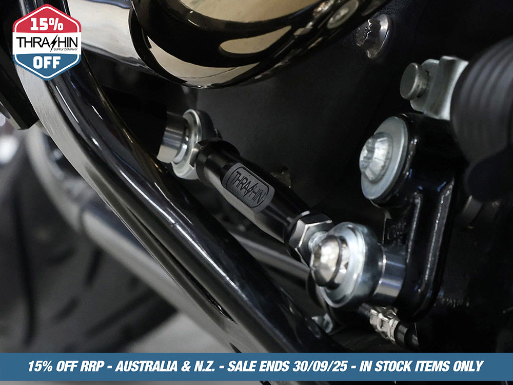 Thrashin Supply Adjustable Brake Linkage – Black. Fits Softail 2018up with Mid Controls.