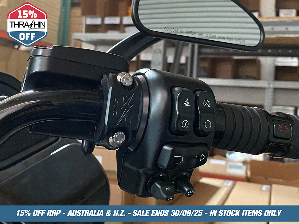 Thrashin Supply OG Clutch & Brake Perch Clamp – Black. Fits Softail 1984-2024, Dyna 1991-2017, Most Touring 1982-2024, Sportster 1982-2003 & FXR 1982-1994