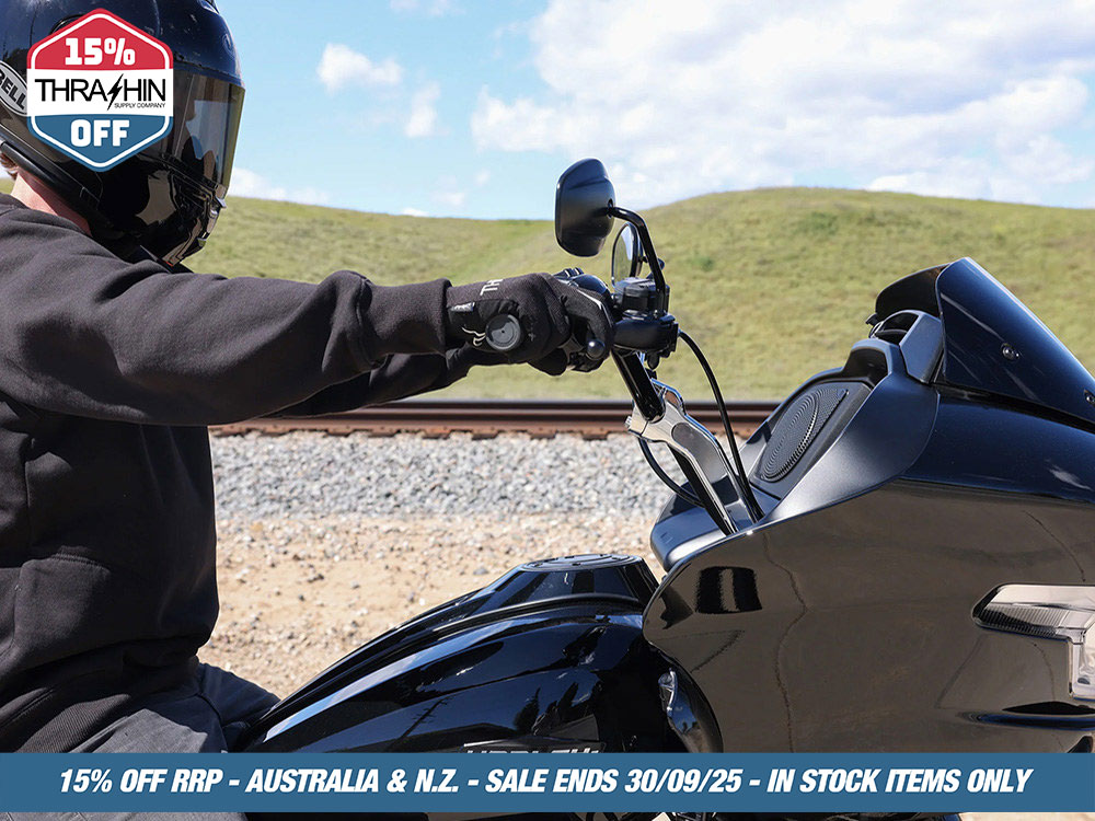 Thrashin Supply High Bend Bars – Black. Fits CVO Touring 2023up, Street Glide & Road Glide 2024up, Touring 2025up & Softail 2025up