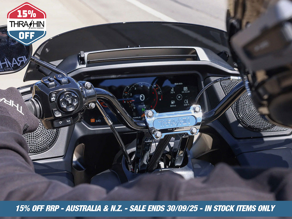 Thrashin Supply High Bend Bars – Black. Fits CVO Touring 2023up, Street Glide & Road Glide 2024up, Touring 2025up & Softail 2025up