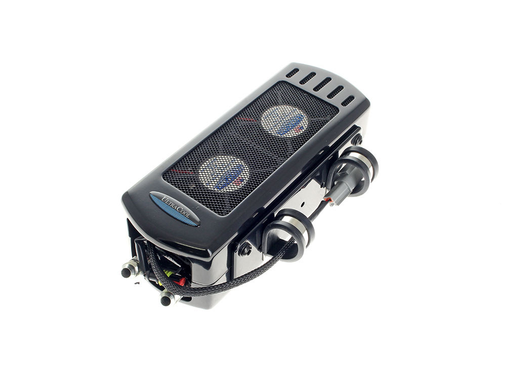 UC Fan Assisted Side Mount Oil Cooler Kit – Gloss Black. Fits Softail 2018up with no Crash Bar/Engine Guard