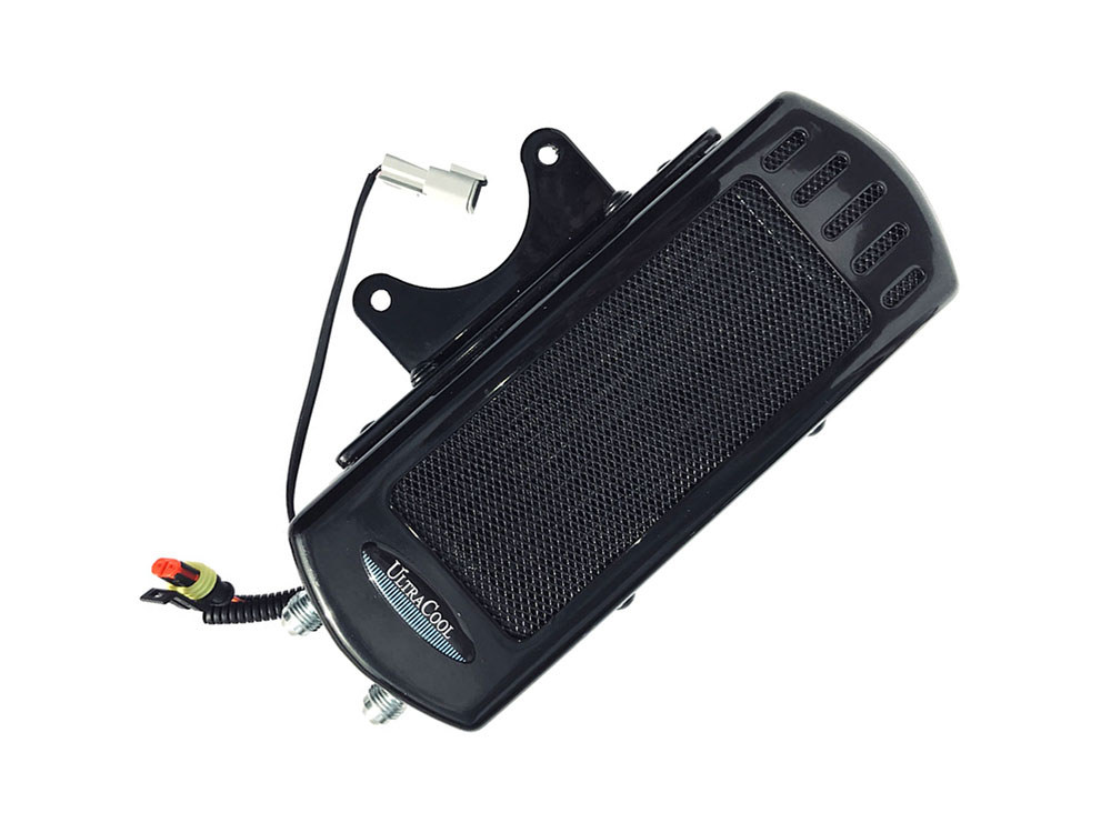 UC Fan Assisted Side Mount Oil Cooler Kit – Gloss Black. Fits Touring 2017-2024 with Harley-Davidson Full Size Engine Guard